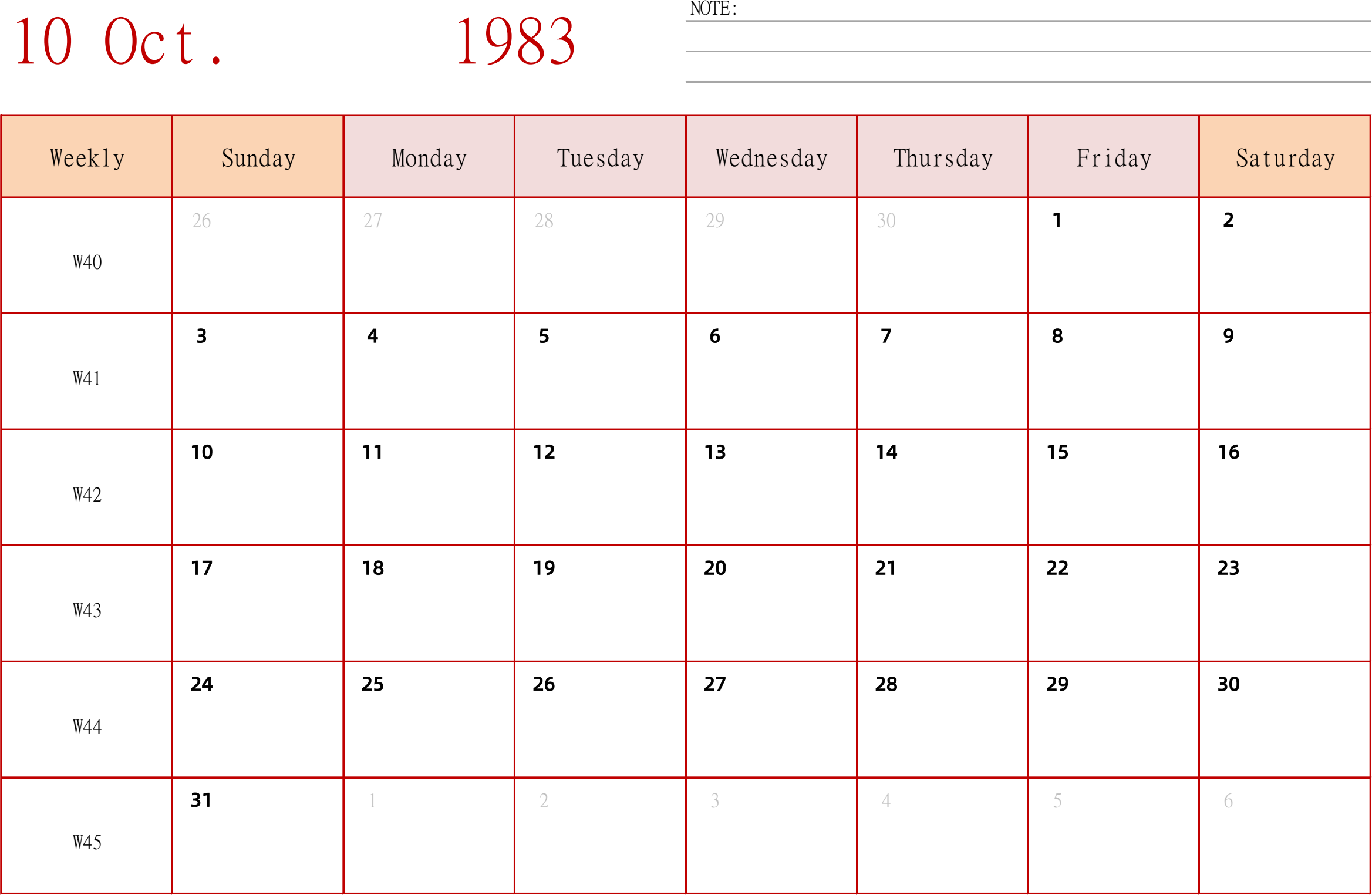 日历表1983年日历 英文版 横向排版 周日开始 带周数